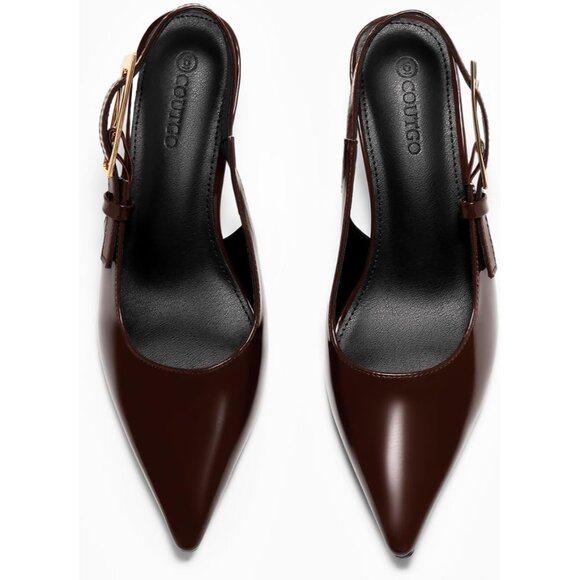 Women's Red Brown Slingback Kitten Heels Closed Pointed Toe Pumps Buckle Strap - Picture 5 of 6